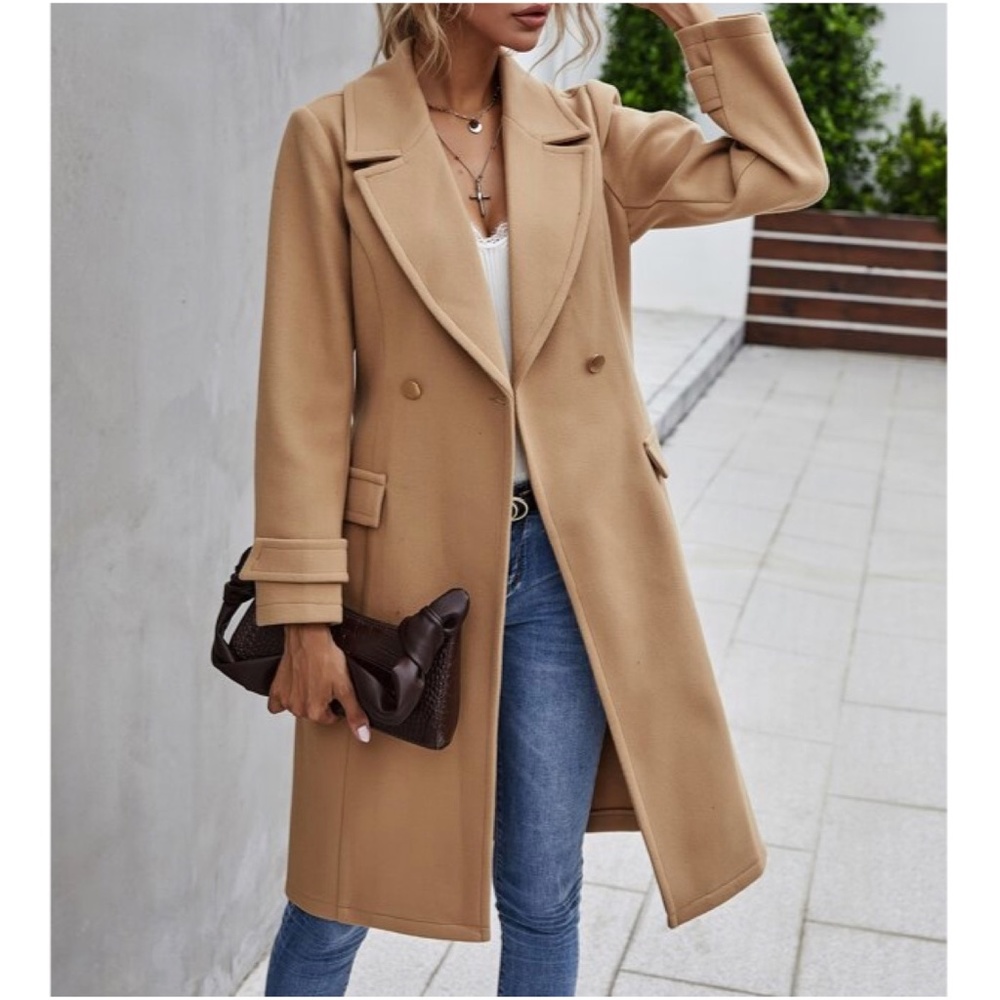 Camel Trench Coat Double Breast Buttons belted Work - Picture 2 of 7